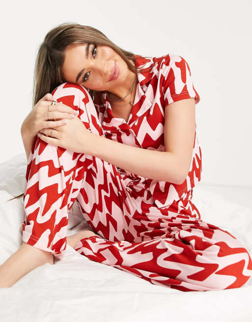 Asos Design Viscose Marble Shirt And Trouser Pyjama Set In Pink And Red Asos