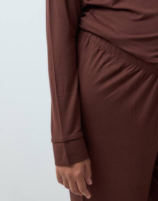 ASOS DESIGN Viscose Maternity super soft long sleeve shirt & trouser pyjama set in chocolate, 4 of 4