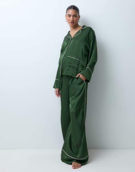 ASOS DESIGN Viscose Maternity super soft long sleeve shirt & trouser pyjama set in red, 2 of 5