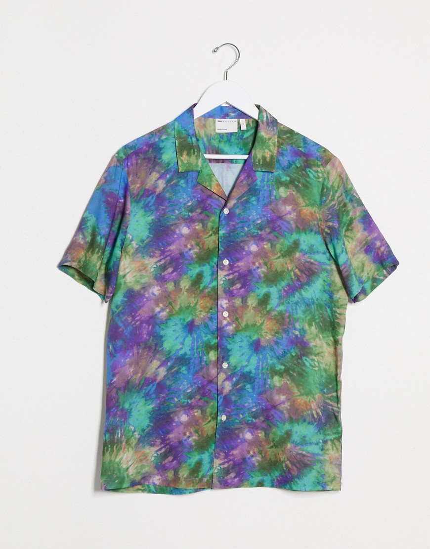 ASOS DESIGN - Viscose overhemd met korte mouwen en tie-dye print-Groen
