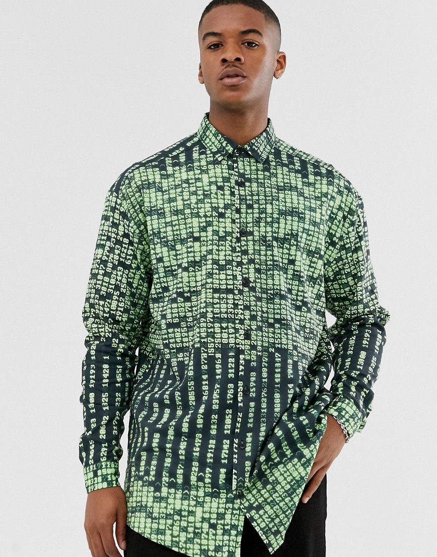 ASOS DESIGN viscose regular fit longline shirt in code print-Green