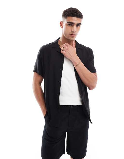 ASOS DESIGN viscose regular shirt with revere collar in black