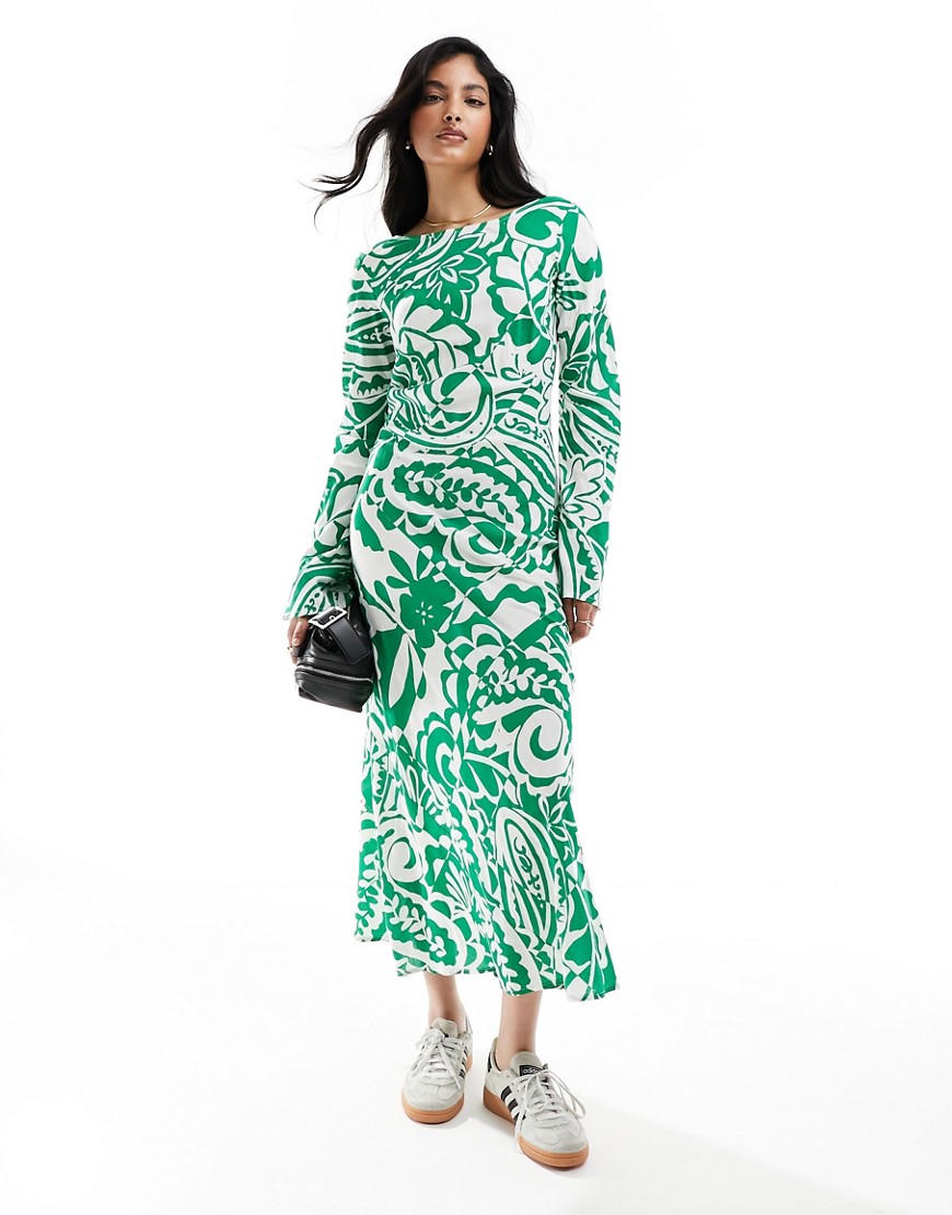 Asos Design Viscose Slash Neck Midi Dress With V-back Detail In Green Print-multi