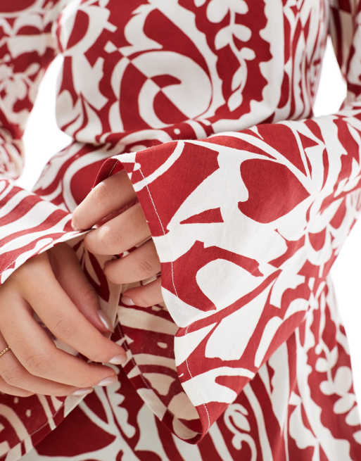 ASOS DESIGN viscose slash neck mini dress with v-back detail in red print