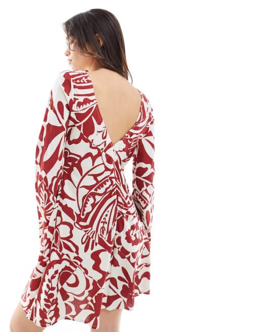 ASOS DESIGN viscose slash neck mini dress with v-back detail in red print