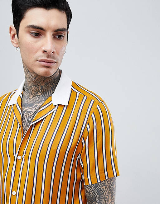 ASOS DESIGN viscose stripe shirt with contrast collar