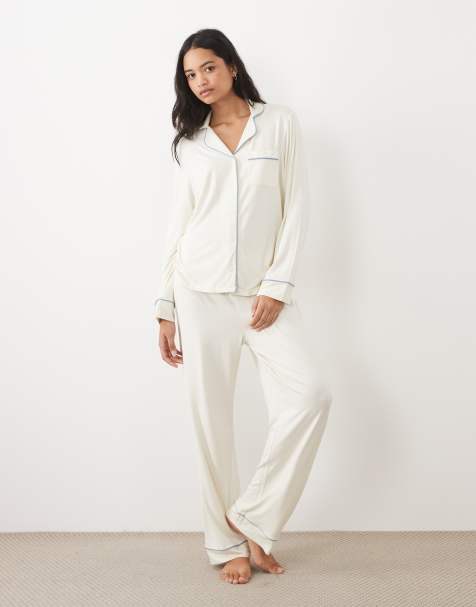ASOS DESIGN Viscose super soft long sleeve shirt and pant pyjama set in ivory with blue contrast trim - view 1
