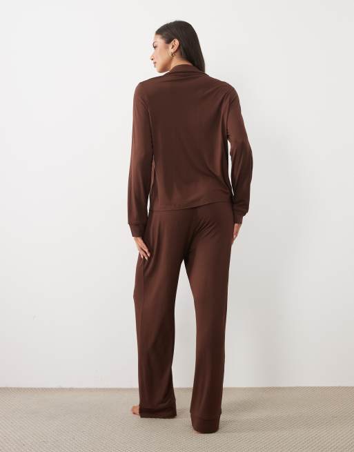 ASOS DESIGN Viscose super soft long sleeve shirt & pant pyjama set in chocolate, 3 of 4