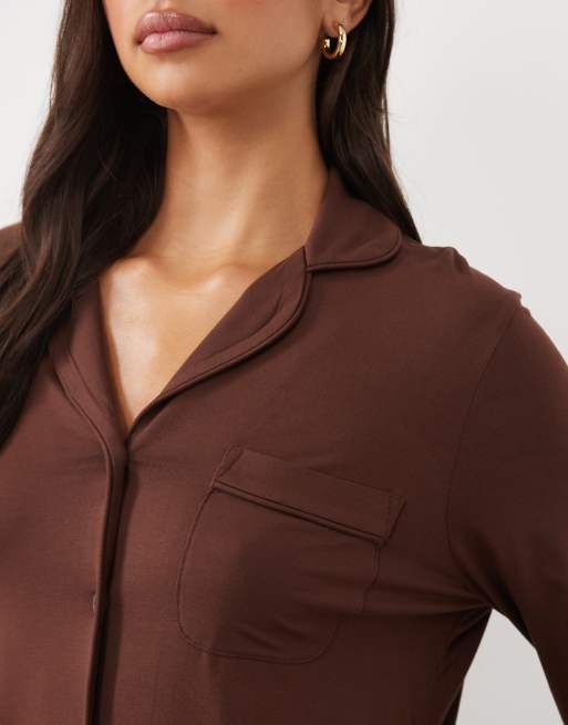 ASOS DESIGN Viscose super soft long sleeve shirt & pant pyjama set in chocolate, 4 of 4