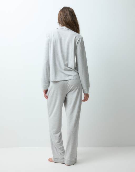 ASOS DESIGN Viscose super soft long sleeve shirt & pant pyjama set in grey marl, 3 of 4