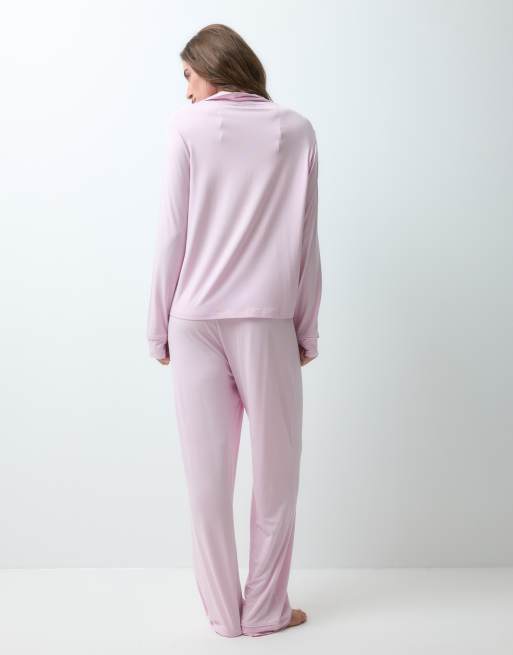 ASOS DESIGN Viscose super soft long sleeve shirt & pant pyjama set in pink, 4 of 4