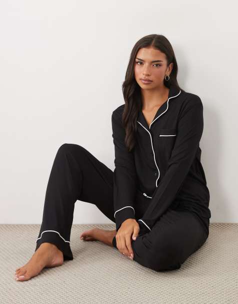 ASOS DESIGN Viscose super soft long sleeve shirt & trouser pyjama set in black - view 1