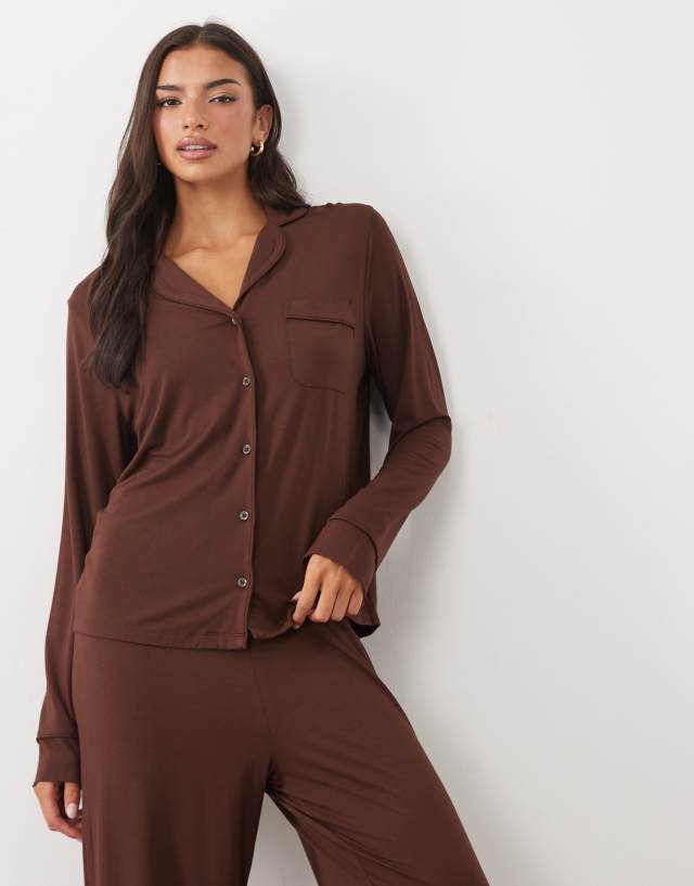 ASOS DESIGN Viscose super soft long sleeve shirt & trouser pyjama set in chocolate