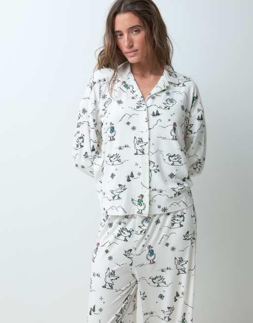 ASOS DESIGN Viscose super soft long sleeve shirt & trouser pyjama set in geese print, 2 of 4