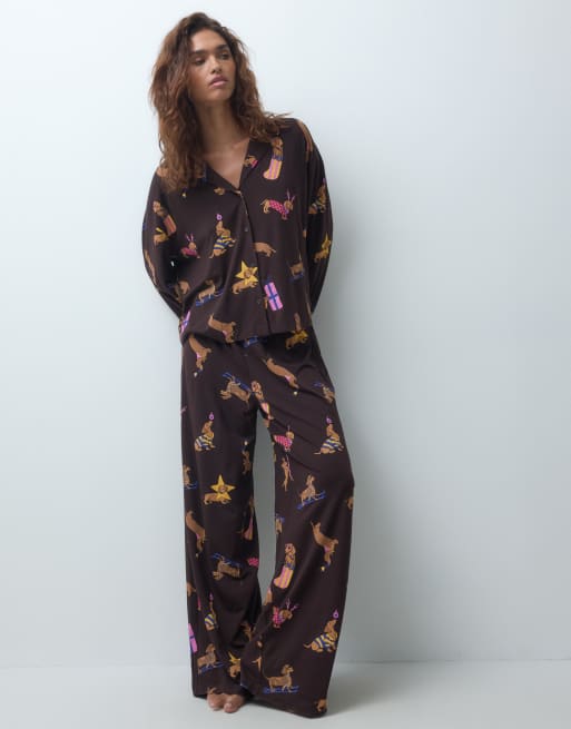 ASOS DESIGN Viscose super soft long sleeve shirt & trouser pyjama set in sausage dog print, 2 of 4