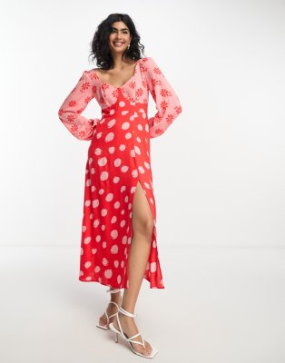 ASOS DESIGN viscose sweetheart neckline long sleeve midi dress in mixed 