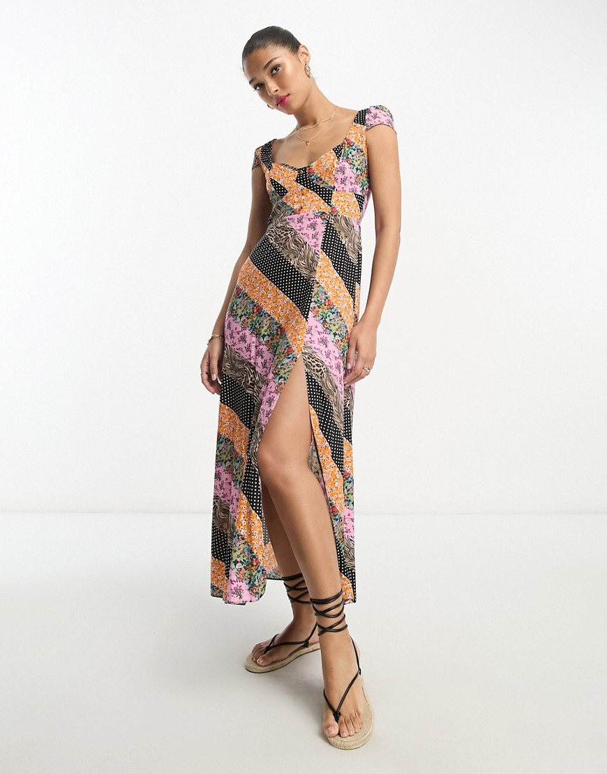 Asos Design Viscose Sweetheart Neckline Slit Front Midi Dress In Mixed Paisley Print-multi