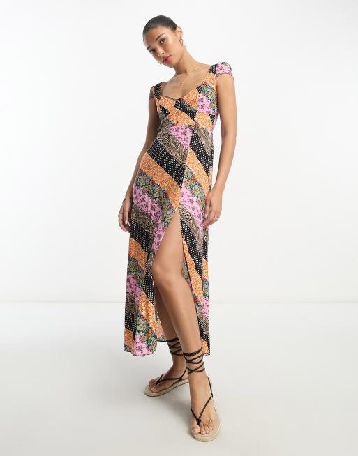 ASOS DESIGN viscose sweetheart neckline slit front midi dress in mixed paisley print