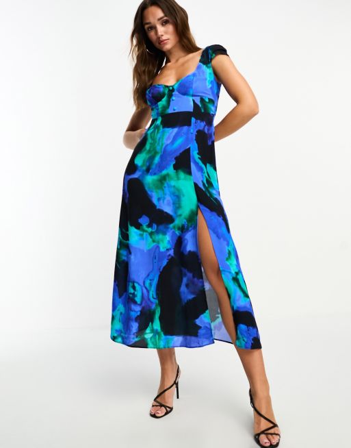ASOS DESIGN viscose sweetheart neckline split front midi dress in abstract floral
