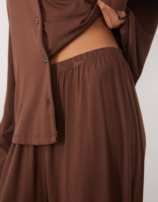 ASOS DESIGN Viscose Tall super soft long sleeve shirt & pant pyjama set in chocolate, 3 of 4