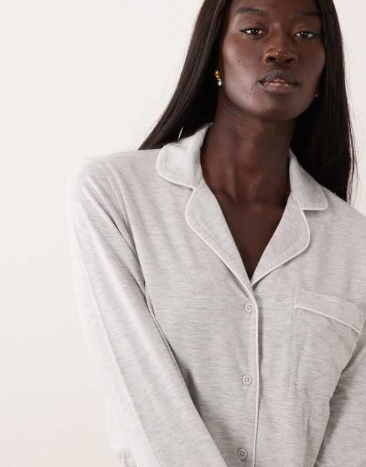 ASOS DESIGN Viscose Tall super soft long sleeve shirt & pant pyjama set in grey marl, 3 of 4