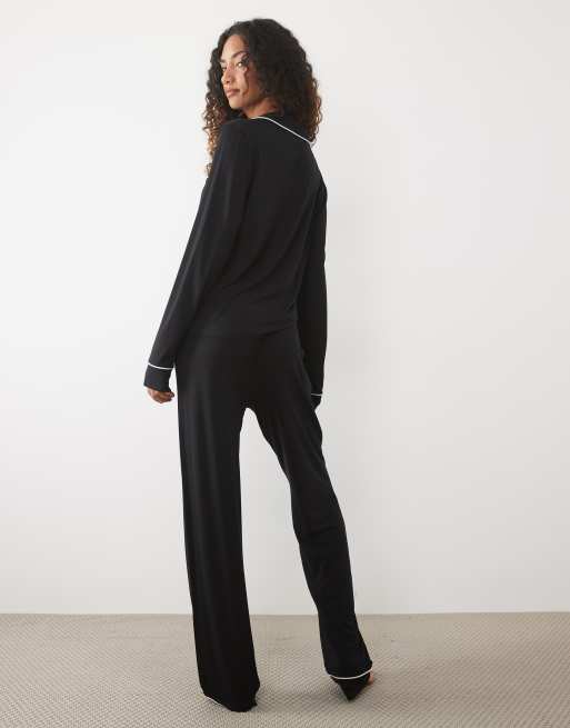 ASOS DESIGN Viscose Tall super soft long sleeve shirt & trouser pyjama set in black, 4 of 4
