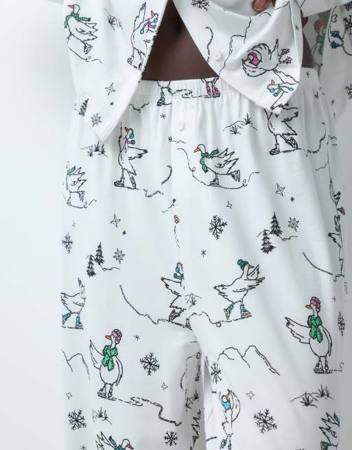 ASOS DESIGN Viscose Tall super soft long sleeve shirt & trouser pyjama set in geese print, 5 of 5