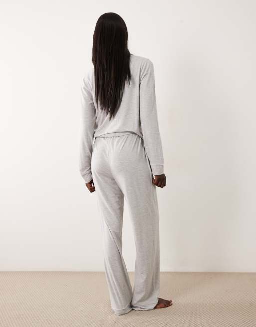 ASOS DESIGN Viscose Tall super soft long sleeve shirt & trouser pyjama set in grey marl, 4 of 4