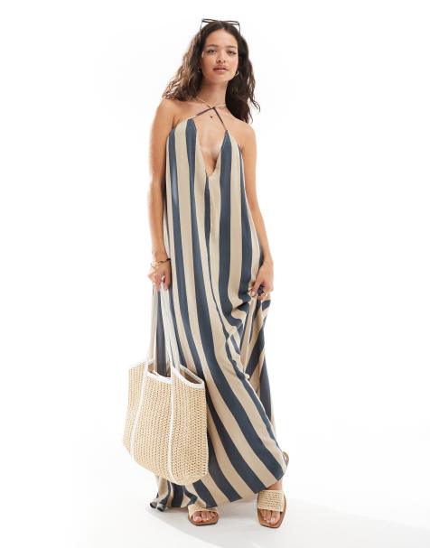 ASOS DESIGN viscose trapeze maxi dress in navy and beige stripe - view 1