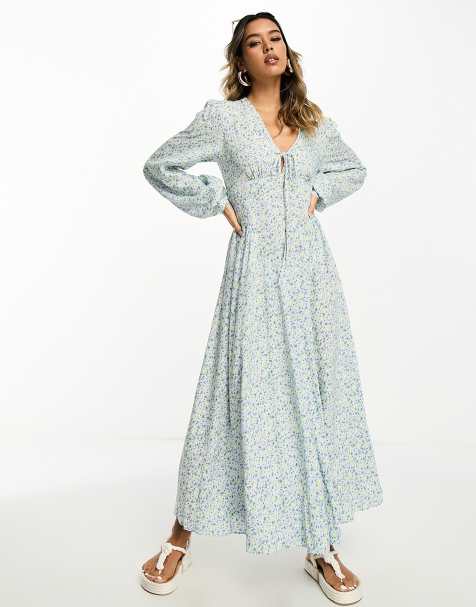 ASOS DESIGN viscose v-neck long sleeve midi dress with tie front detail in ditsy floral - view 1
