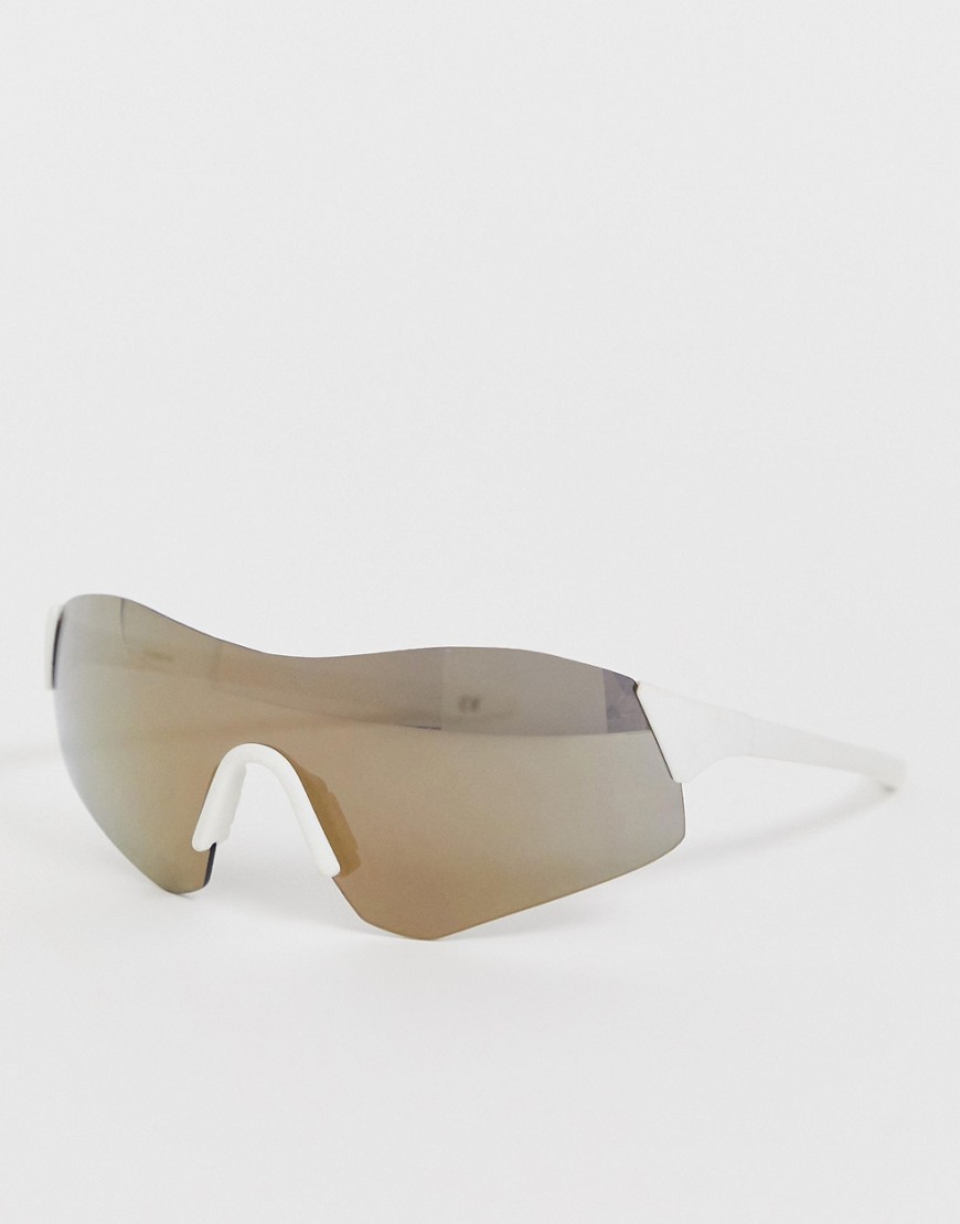 ASOS DESIGN – Visor – Solglasögon utan bågar med guldglänsande glas-Vit