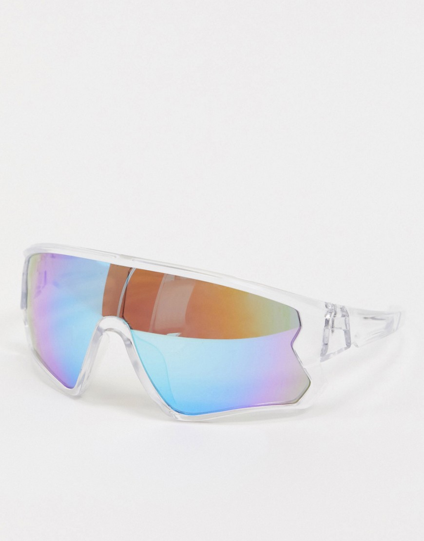 ASOS DESIGN visor sunglasses in clear plastic with blue mirror lens
