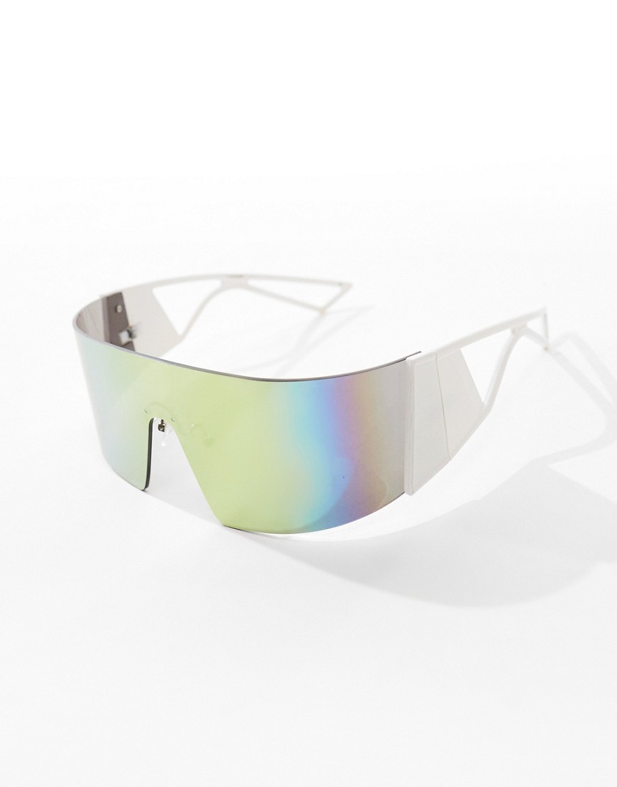 Asos Design Visor Sunglasses In White Holographic Lens