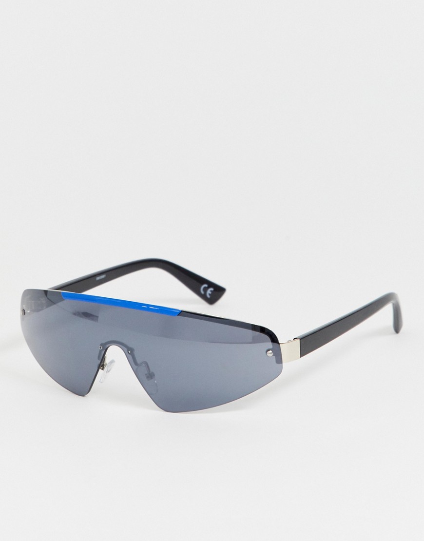 ASOS DESIGN visor sunglasses with plastic cobalt blue bridge detail with smoke lense-Black