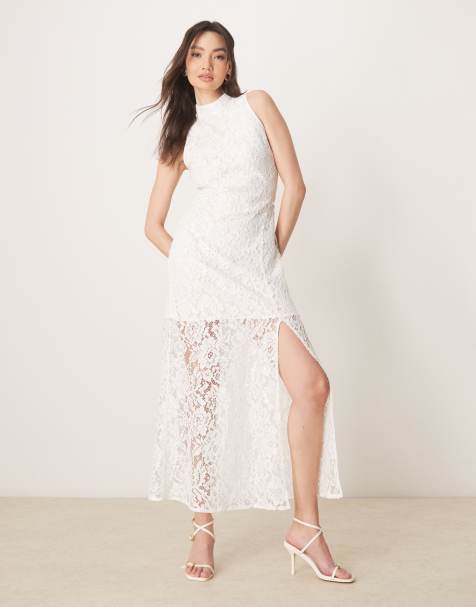 ASOS DESIGN – Vit ärmlös maxiklänning i spets med hög krage - view 1