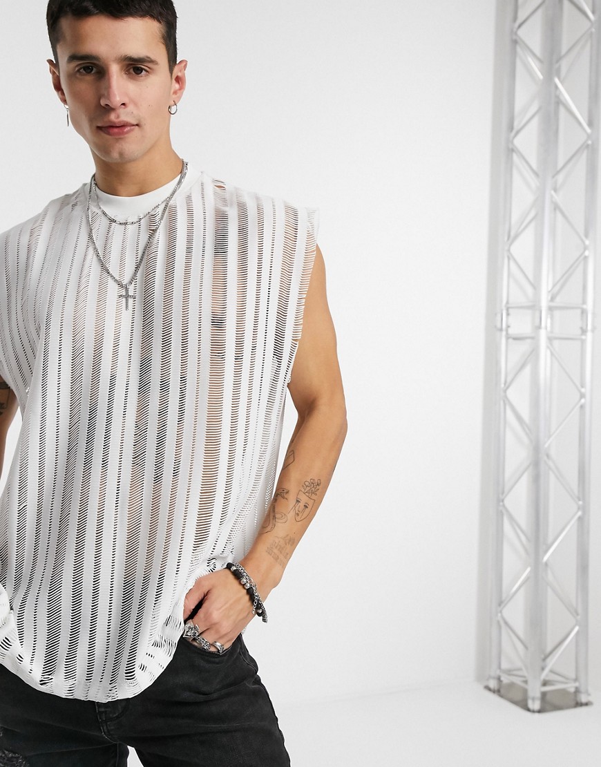 ASOS DESIGN – Vit ärmlös t-shirt med vertikalt randig mesh