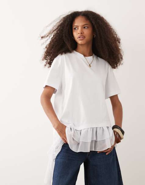 ASOS DESIGN – Vit, asymmetrisk t-shirt i oversize och chiffong med spetskant - view 1