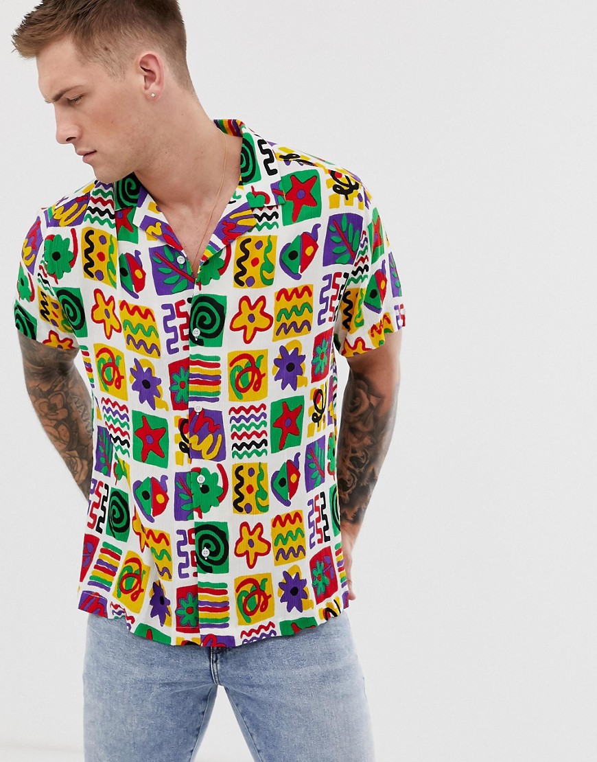 ASOS DESIGN – Vit avslappnad skjorta med 90-talsmönster-Flerfärgad