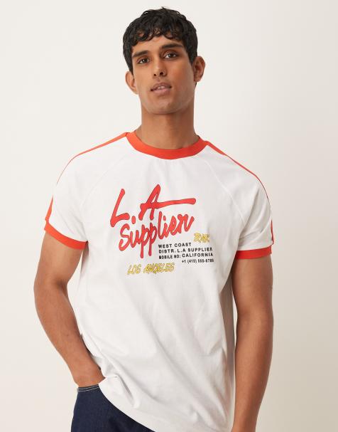 ASOS DESIGN – Vit, avslappnad t-shirt med raglan-ärmar, kontrastfärgad krage och stadstryck - view 1