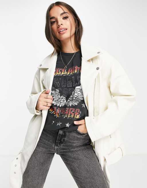 ASOS DESIGN – Vit bikerjacka av läderimitation i oversize och lång modell