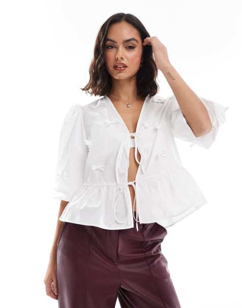 ASOS DESIGN – Vit blus med knytning framtill och rosett - view 1