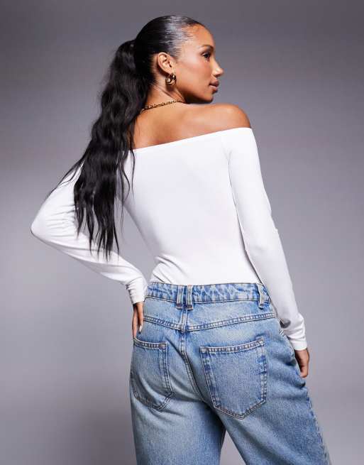 ASOS DESIGN – Vit body med bardot-ringning och rynkning framtill, 4 av 4