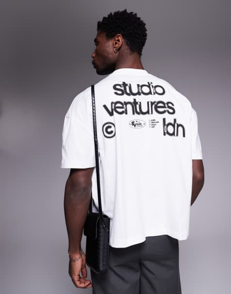 ASOS DESIGN – Vit, boxig t-shirt i oversize med sänkt axelsöm med texttryck - view 1