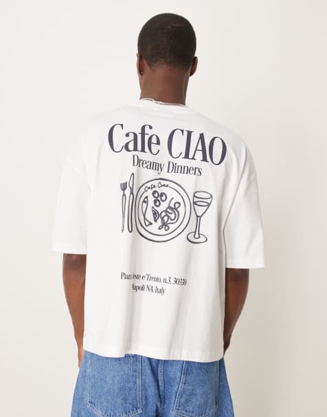 ASOS DESIGN – Vit, boxig t-shirt i oversize med tecknat cafétryck - view 1