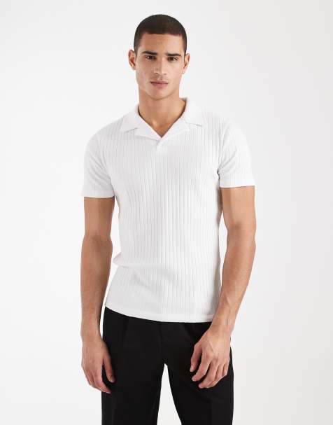 ASOS DESIGN – Vit, bredribbad pikétröja med platt krage och smal passform - view 1