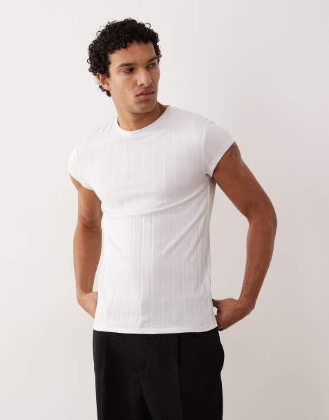 ASOS DESIGN – Vit, bredribbad t-shirt i muscle fit med holkärmar - view 1