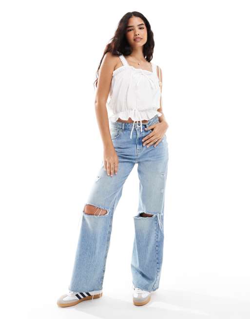ASOS DESIGN – Vit, broderad topp i bomull med smala axelband
