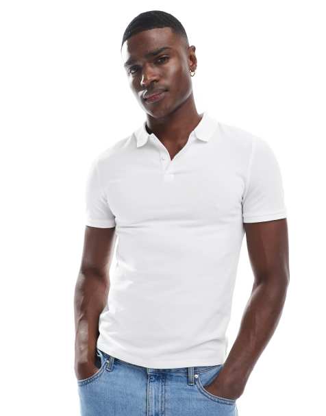 ASOS DESIGN – Vit, enkel pikétröja i muscle fit - view 1