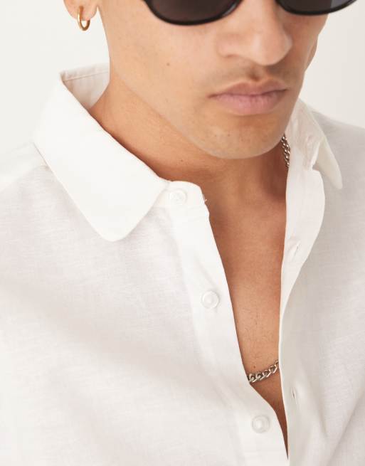  ASOS DESIGN – Vit finskjorta i linnemix med regular fit och rundad krage, 2 av 4