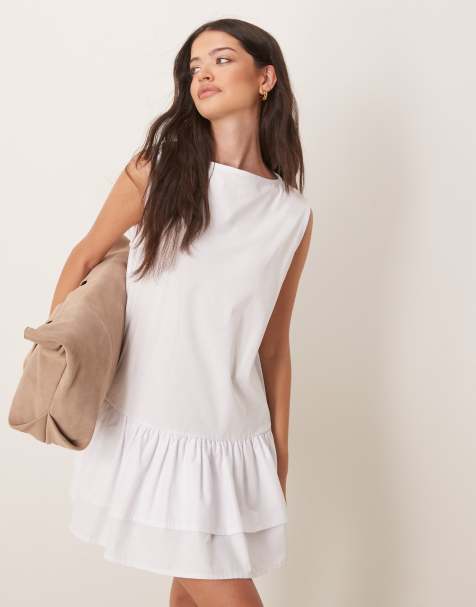 ASOS DESIGN – Vit klänning i poplinmix med sänkt midja - view 1